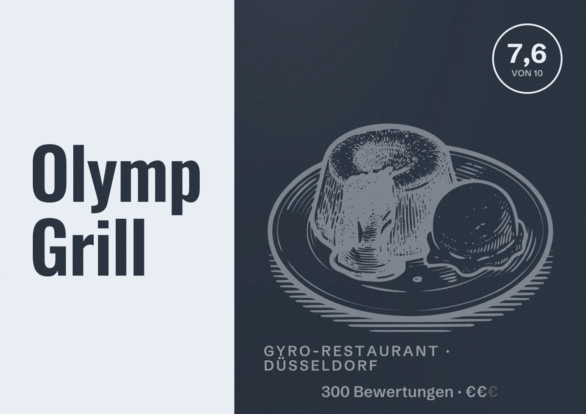 Illustriertes Poster von Olymp Grill, Gyro-Restaurant in Düsseldorf: Bewertung 7,6 von 10 aus 300 Bewertungen, Preisniveau €€