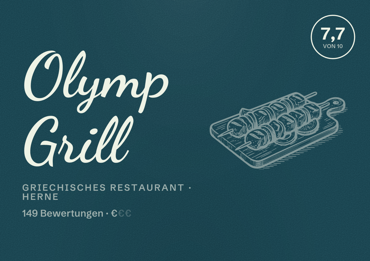 Illustriertes Poster von Olymp Grill, Griechisches Restaurant in Herne: Bewertung 7,7 von 10 aus 149 Bewertungen, Preisniveau €
