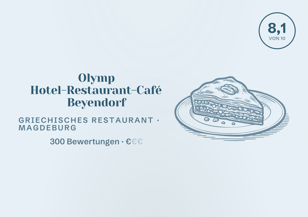 Illustriertes Poster von Olymp Hotel-Restaurant-Café Beyendorf, Griechisches Restaurant in Magdeburg: Bewertung 8,1 von 10 aus 300 Bewertungen, Preisniveau €