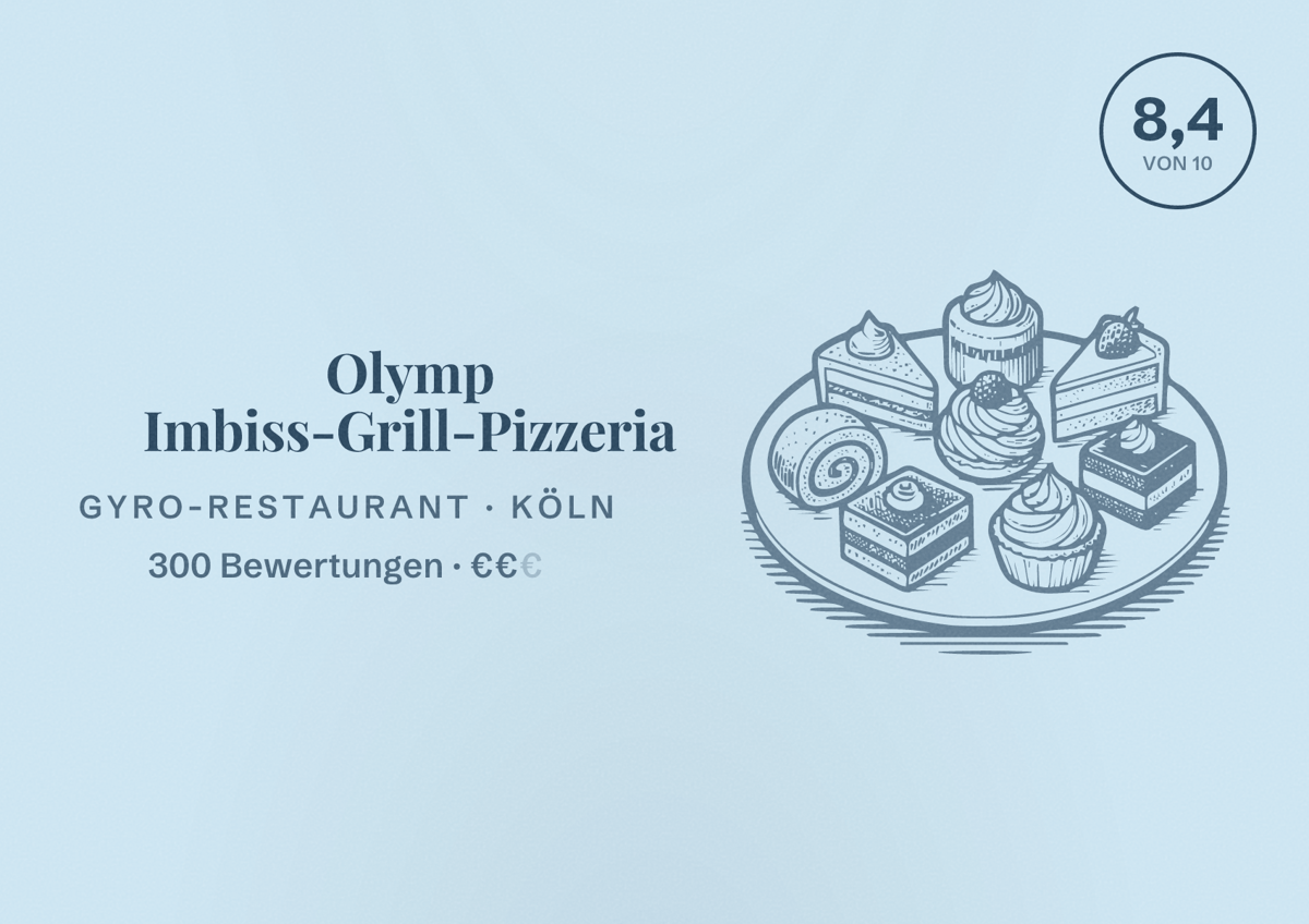 Illustriertes Poster von Olymp Imbiss-Grill-Pizzeria, Gyro-Restaurant in Köln: Bewertung 8,4 von 10 aus 300 Bewertungen, Preisniveau €€
