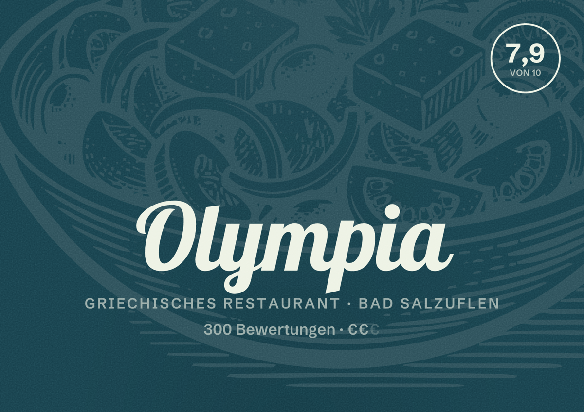 Illustriertes Poster von Olympia, Griechisches Restaurant in Bad Salzuflen: Bewertung 7,9 von 10 aus 300 Bewertungen, Preisniveau €€