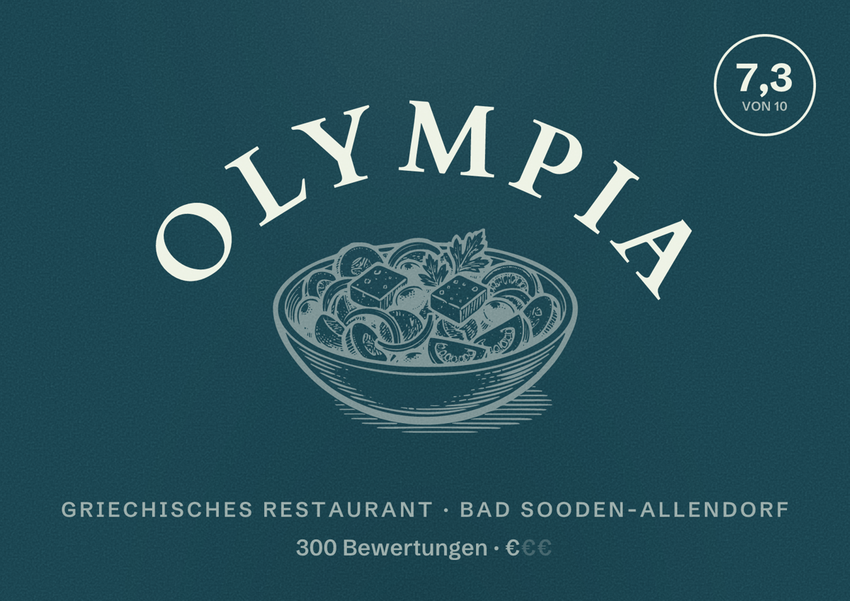 Illustriertes Poster von Olympia, Griechisches Restaurant in Bad Sooden-Allendorf: Bewertung 7,3 von 10 aus 300 Bewertungen, Preisniveau €