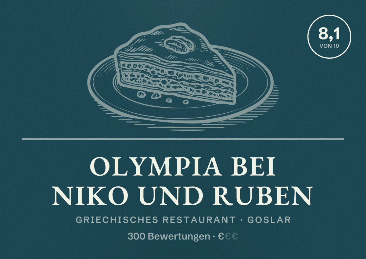 Illustriertes Poster von OLYMPIA bei Niko und Ruben, Griechisches Restaurant in Goslar: Bewertung 8,1 von 10 aus 300 Bewertungen, Preisniveau €
