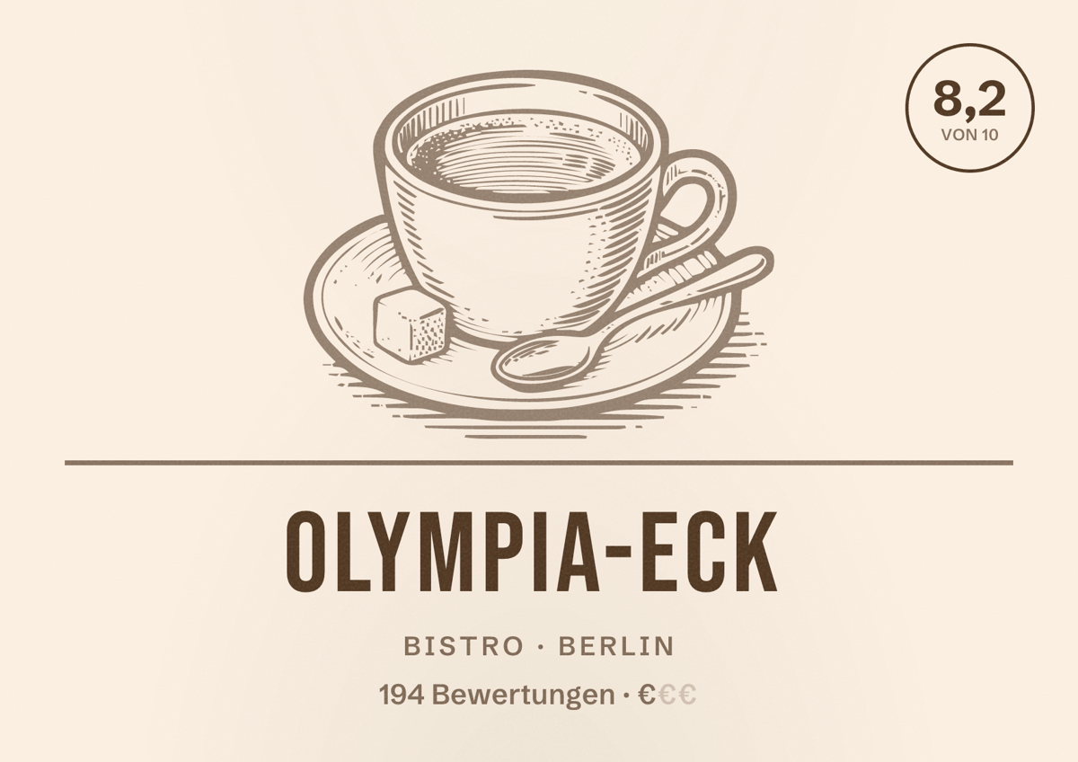 Illustriertes Poster von Olympia-Eck, Bistro in Berlin: Bewertung 8,2 von 10 aus 194 Bewertungen, Preisniveau €