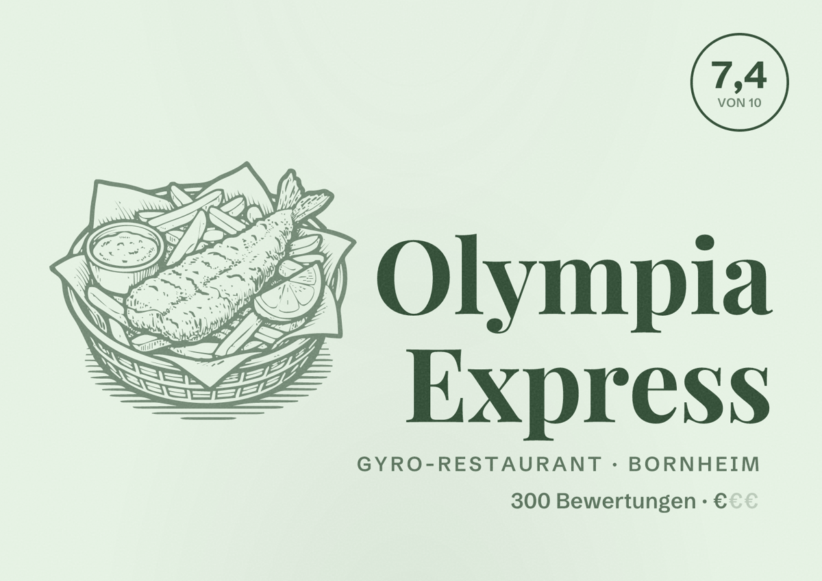Illustriertes Poster von Olympia Express, Gyro-Restaurant in Bornheim: Bewertung 7,4 von 10 aus 300 Bewertungen, Preisniveau €