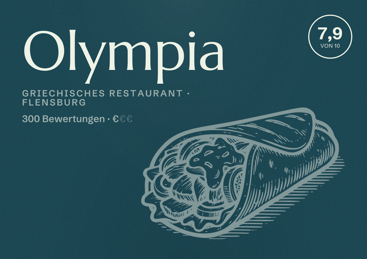 Illustriertes Poster von Olympia, Griechisches Restaurant in Flensburg: Bewertung 7,9 von 10 aus 300 Bewertungen, Preisniveau €