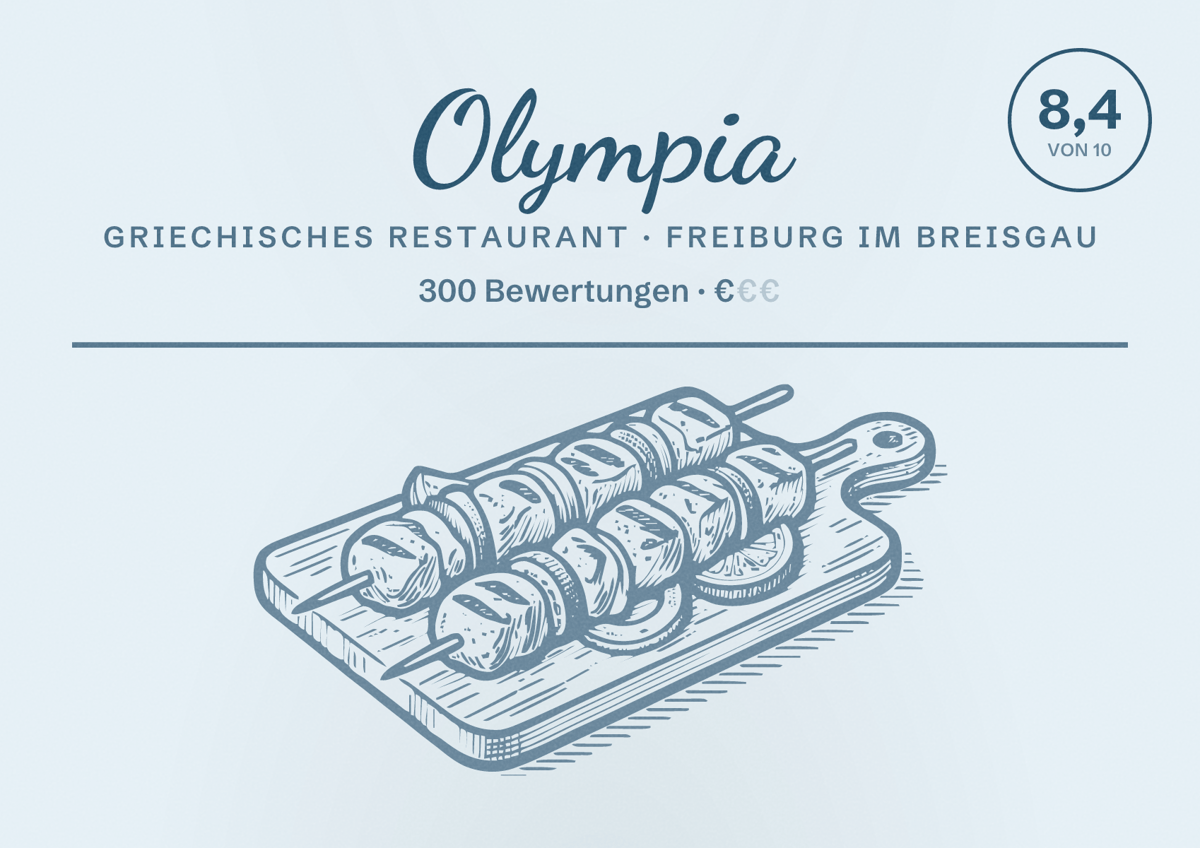Illustriertes Poster von Olympia, Griechisches Restaurant in Freiburg im Breisgau: Bewertung 8,4 von 10 aus 300 Bewertungen, Preisniveau €