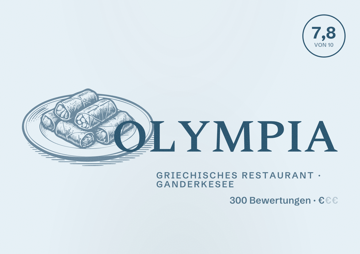 Illustriertes Poster von OLYMPIA, Griechisches Restaurant in Ganderkesee: Bewertung 7,8 von 10 aus 300 Bewertungen, Preisniveau €