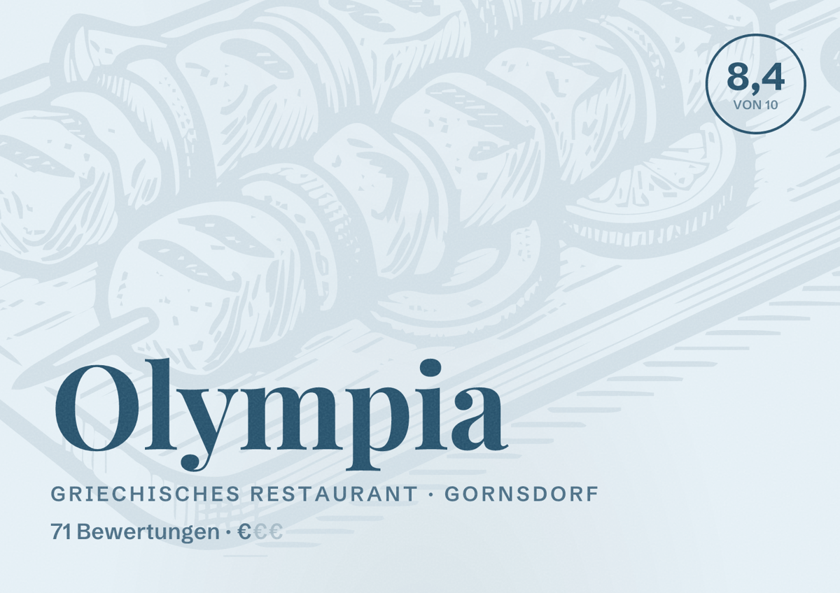 Illustriertes Poster von Olympia, Griechisches Restaurant in Gornsdorf: Bewertung 8,4 von 10 aus 71 Bewertungen, Preisniveau €