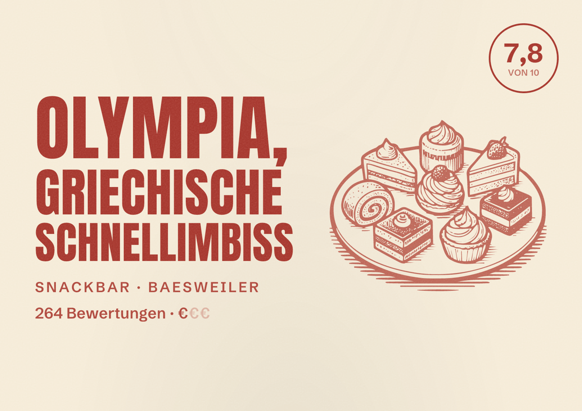 Illustriertes Poster von Olympia, griechische Schnellimbiss, Snackbar in Baesweiler: Bewertung 7,8 von 10 aus 264 Bewertungen, Preisniveau €