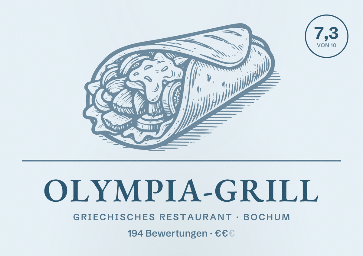 Illustriertes Poster von Olympia-Grill, Griechisches Restaurant in Bochum: Bewertung 7,3 von 10 aus 194 Bewertungen, Preisniveau €€