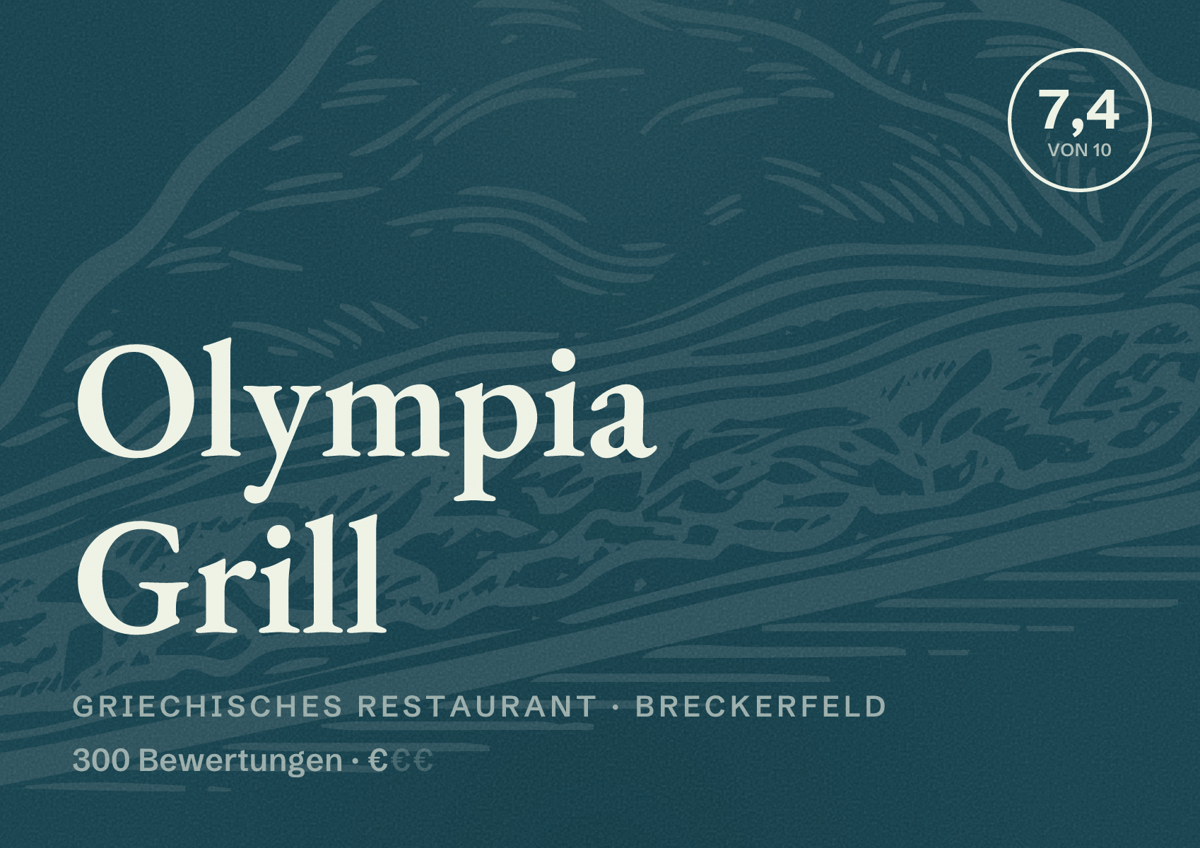 Illustriertes Poster von Olympia Grill, Griechisches Restaurant in Breckerfeld: Bewertung 7,4 von 10 aus 300 Bewertungen, Preisniveau €