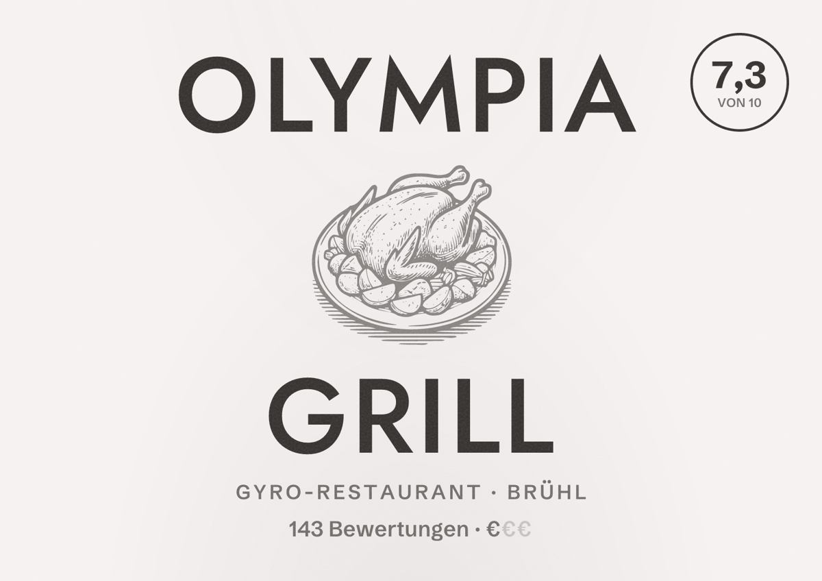 Illustriertes Poster von Olympia Grill, Gyro-Restaurant in Brühl: Bewertung 7,3 von 10 aus 143 Bewertungen, Preisniveau €