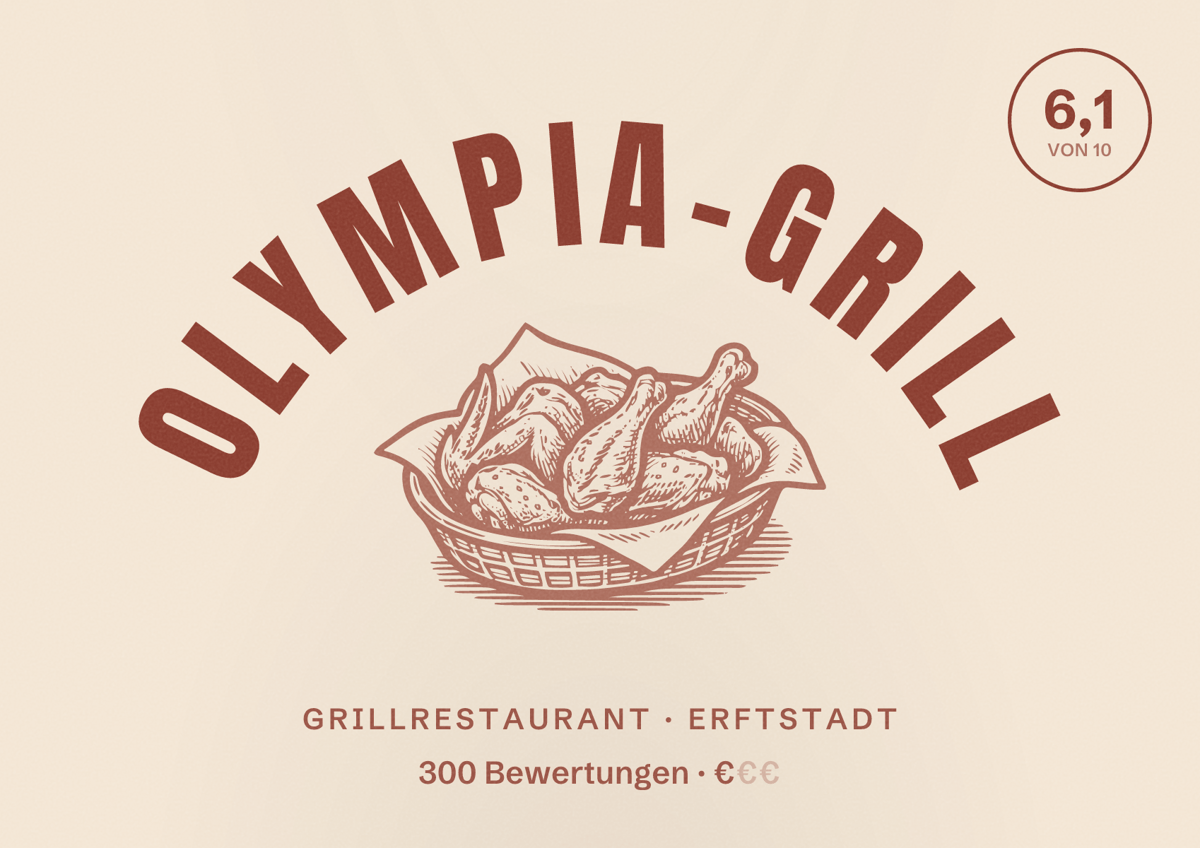 Illustriertes Poster von Olympia-Grill, Grillrestaurant in Erftstadt: Bewertung 6,1 von 10 aus 300 Bewertungen, Preisniveau €