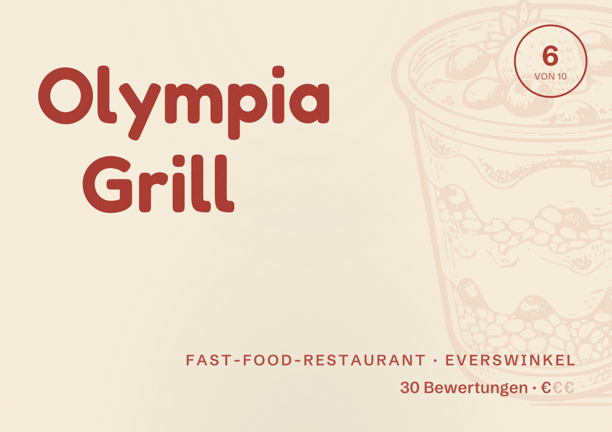 Illustriertes Poster von Olympia Grill, Fast-Food-Restaurant in Everswinkel: Bewertung 6 von 10 aus 30 Bewertungen, Preisniveau €