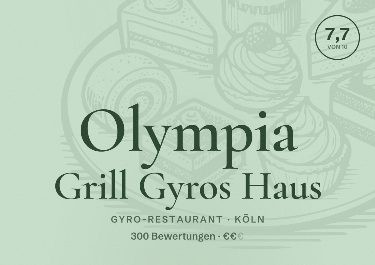 Illustriertes Poster von Olympia Grill Gyros Haus, Gyro-Restaurant in Köln: Bewertung 7,7 von 10 aus 300 Bewertungen, Preisniveau €€