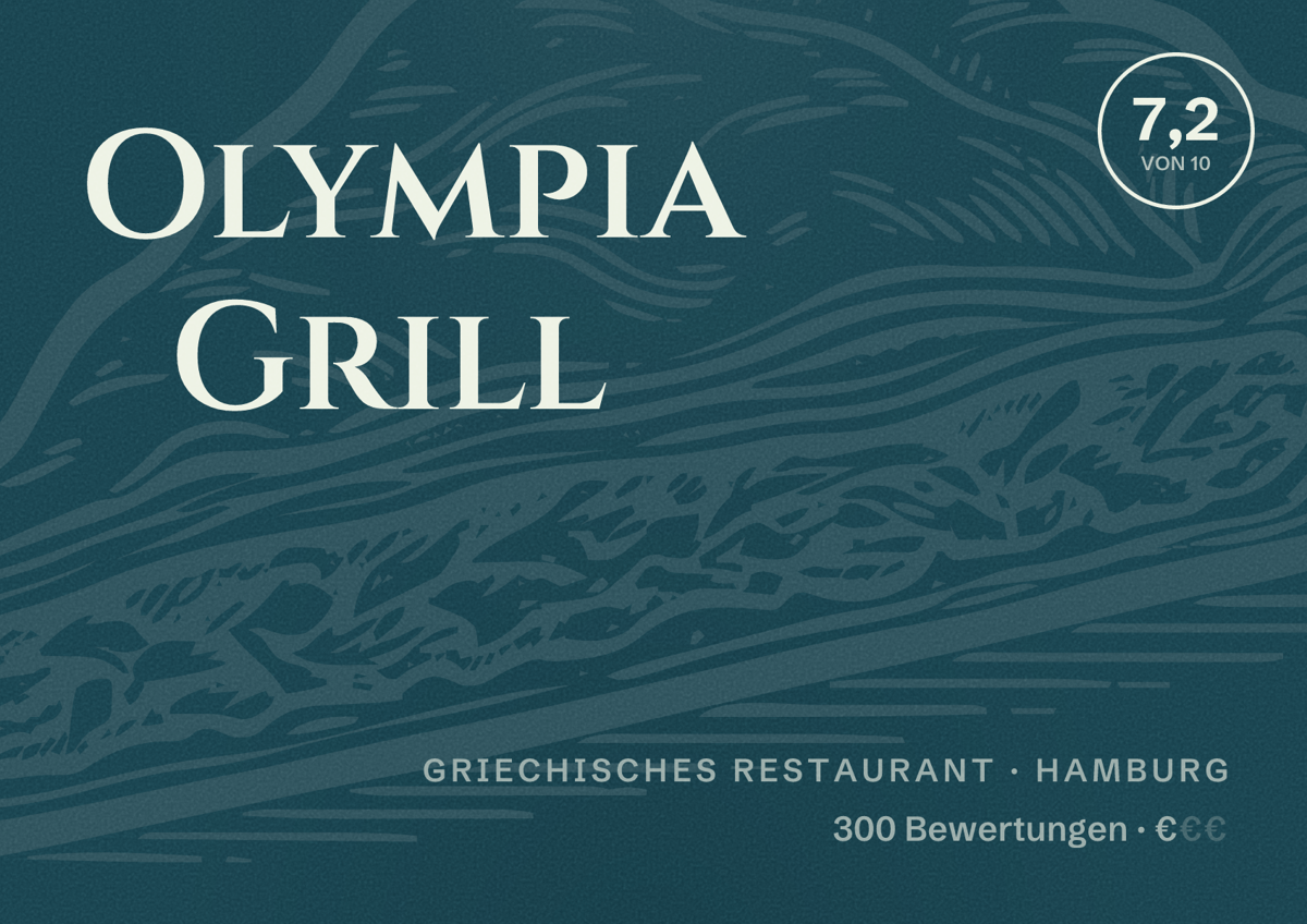 Illustriertes Poster von Olympia Grill, Griechisches Restaurant in Hamburg: Bewertung 7,2 von 10 aus 300 Bewertungen, Preisniveau €