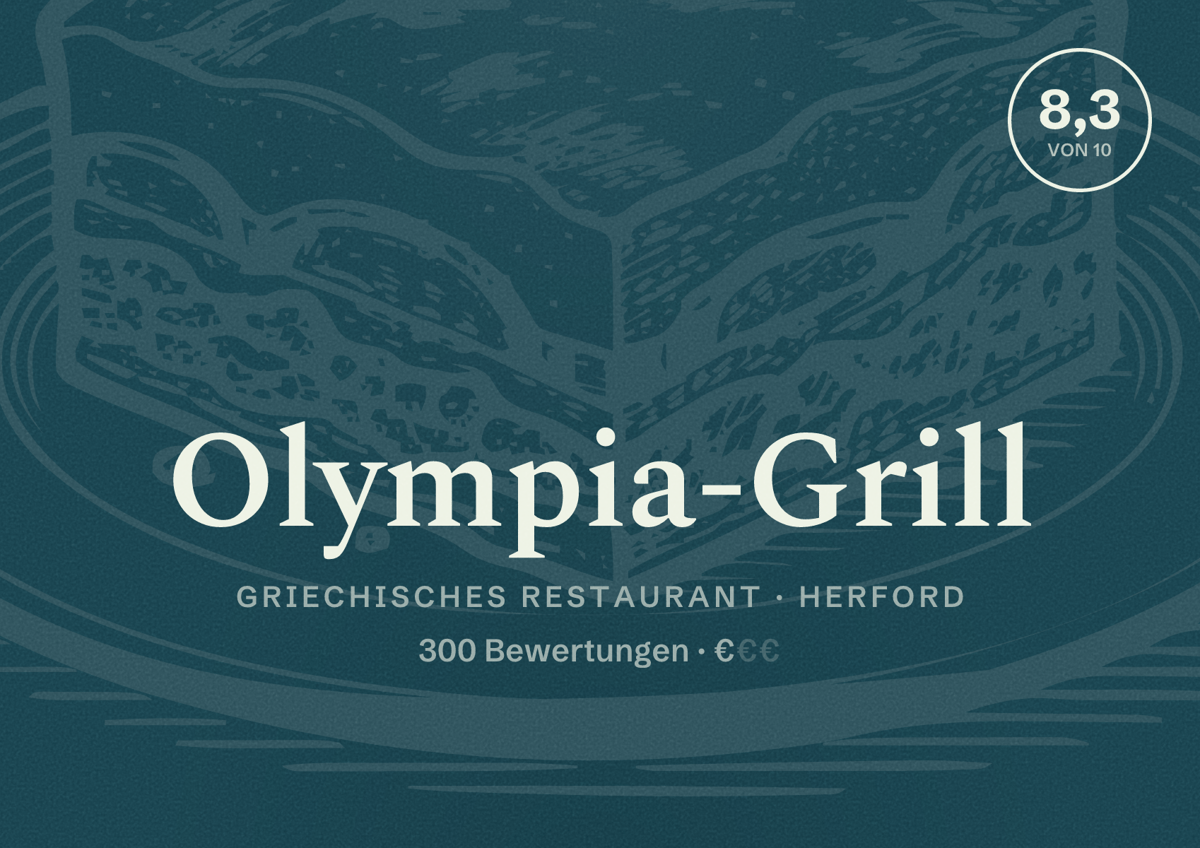 Illustriertes Poster von Olympia-Grill, Griechisches Restaurant in Herford: Bewertung 8,3 von 10 aus 300 Bewertungen, Preisniveau €