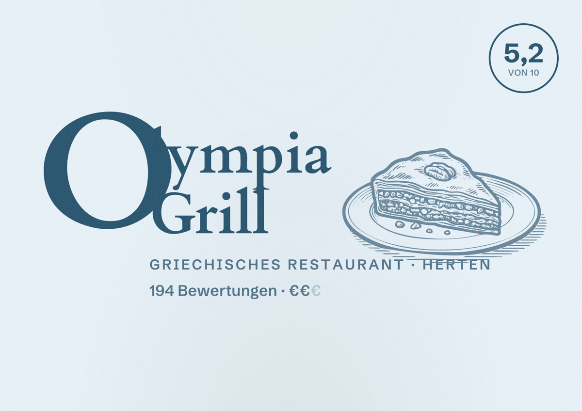 Illustriertes Poster von Olympia Grill, Griechisches Restaurant in Herten: Bewertung 5,2 von 10 aus 194 Bewertungen, Preisniveau €€