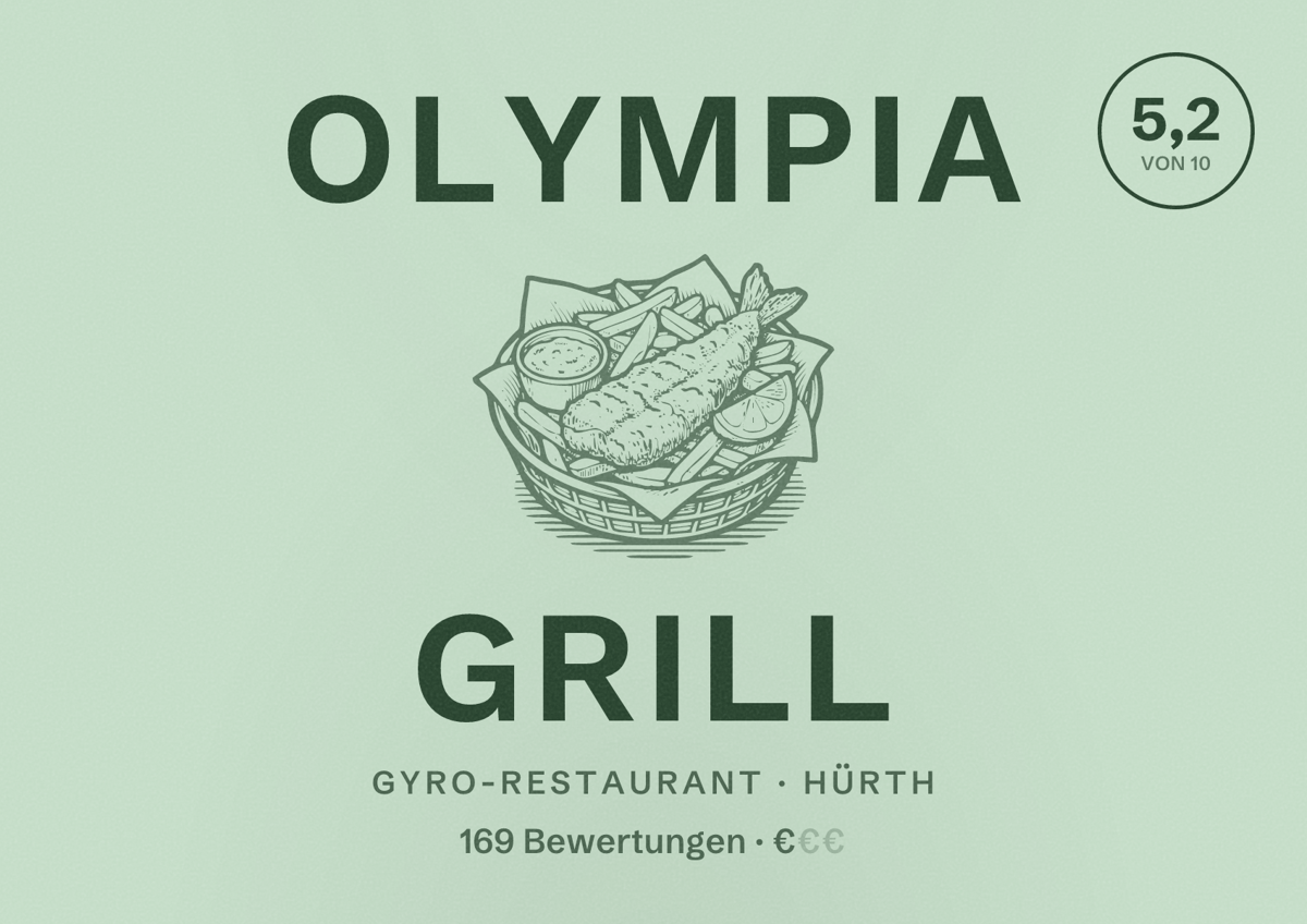 Illustriertes Poster von Olympia Grill, Gyro-Restaurant in Hürth: Bewertung 5,2 von 10 aus 169 Bewertungen, Preisniveau €