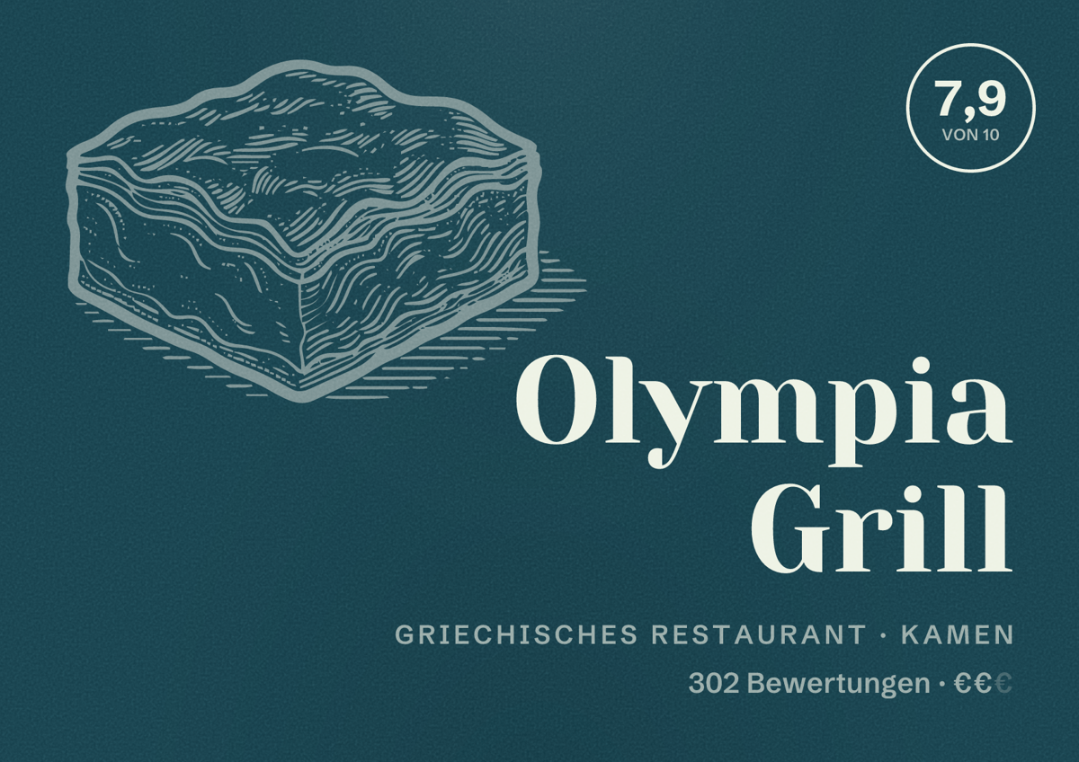 Illustriertes Poster von Olympia Grill, Griechisches Restaurant in Kamen: Bewertung 7,9 von 10 aus 302 Bewertungen, Preisniveau €€