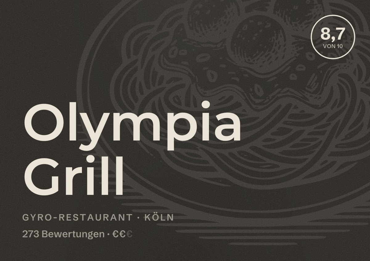 Illustriertes Poster von Olympia Grill, Gyro-Restaurant in Köln: Bewertung 8,7 von 10 aus 273 Bewertungen, Preisniveau €€