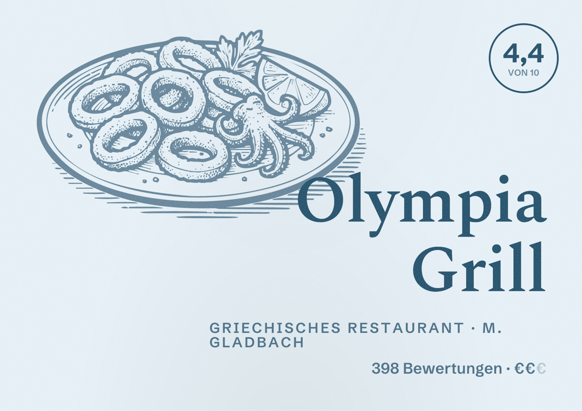 Illustriertes Poster von Olympia Grill, Griechisches Restaurant in M. Gladbach: Bewertung 4,4 von 10 aus 398 Bewertungen, Preisniveau €€