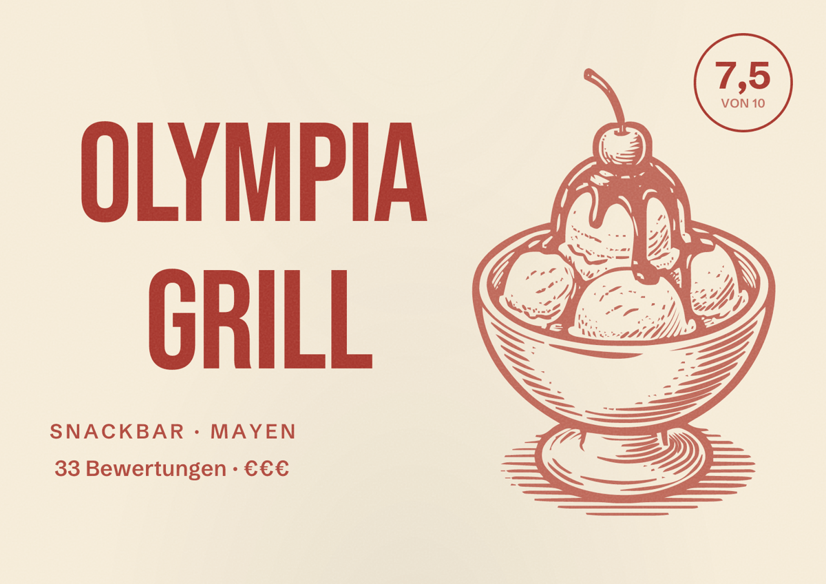 Illustriertes Poster von Olympia Grill, Snackbar in Mayen: Bewertung 7,5 von 10 aus 33 Bewertungen, Preisniveau €€€