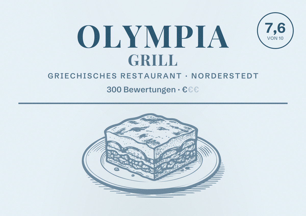 Illustriertes Poster von Olympia Grill, Griechisches Restaurant in Norderstedt: Bewertung 7,6 von 10 aus 300 Bewertungen, Preisniveau €