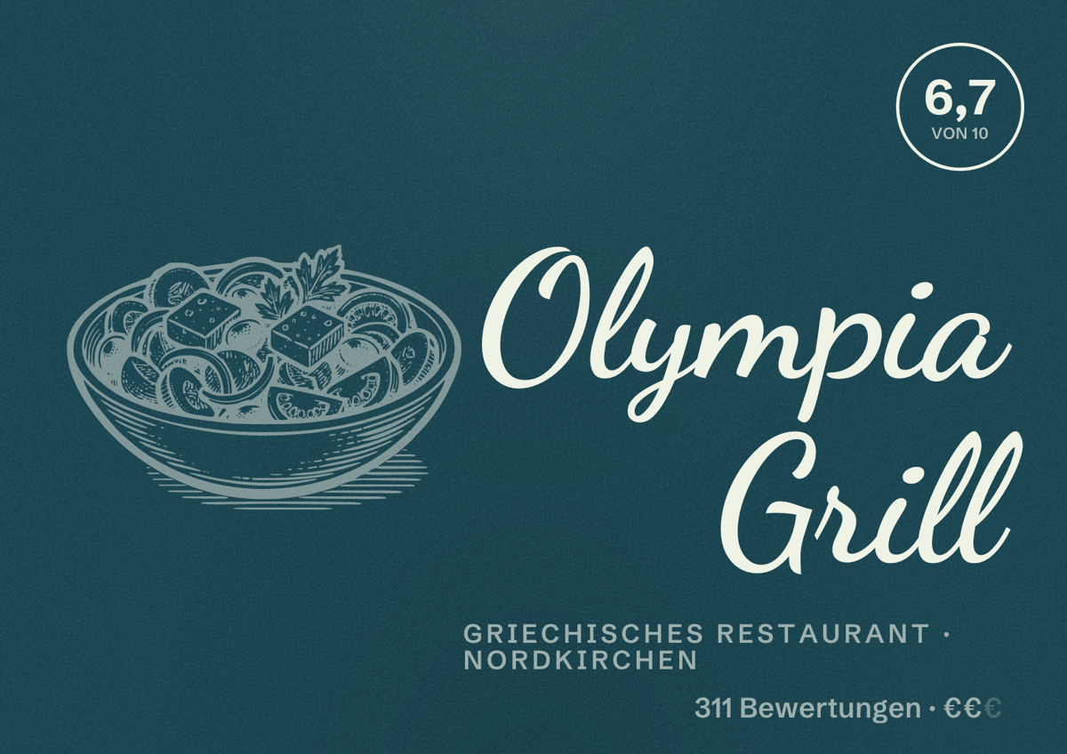 Illustriertes Poster von Olympia Grill, Griechisches Restaurant in Nordkirchen: Bewertung 6,7 von 10 aus 311 Bewertungen, Preisniveau €€