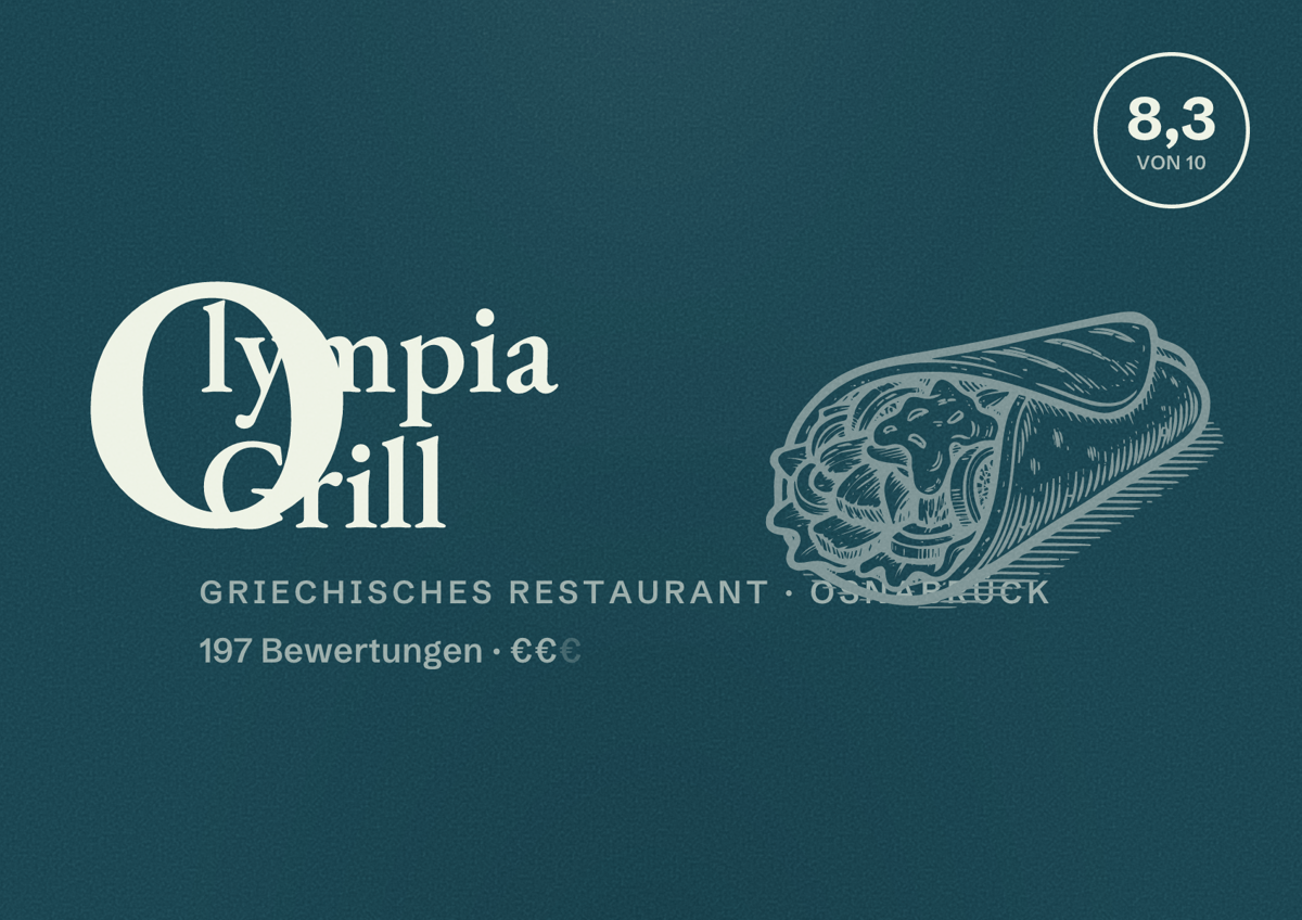 Illustriertes Poster von Olympia Grill, Griechisches Restaurant in Osnabrück: Bewertung 8,3 von 10 aus 197 Bewertungen, Preisniveau €€