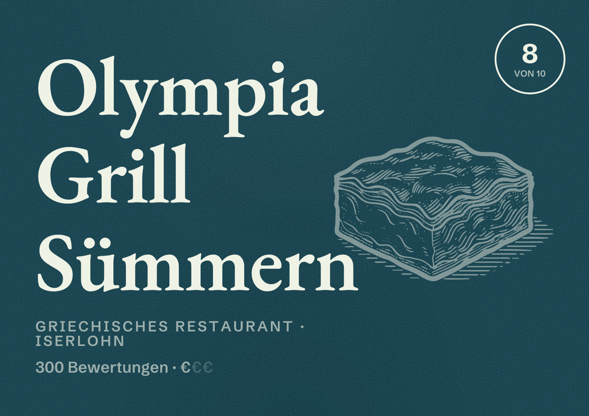 Illustriertes Poster von Olympia Grill Sümmern, Griechisches Restaurant in Iserlohn: Bewertung 8 von 10 aus 300 Bewertungen, Preisniveau €