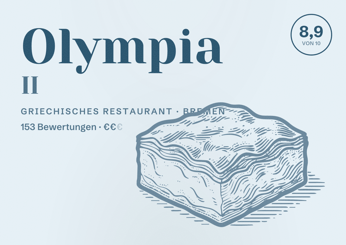Illustriertes Poster von Olympia II, Griechisches Restaurant in Bremen: Bewertung 8,9 von 10 aus 153 Bewertungen, Preisniveau €€