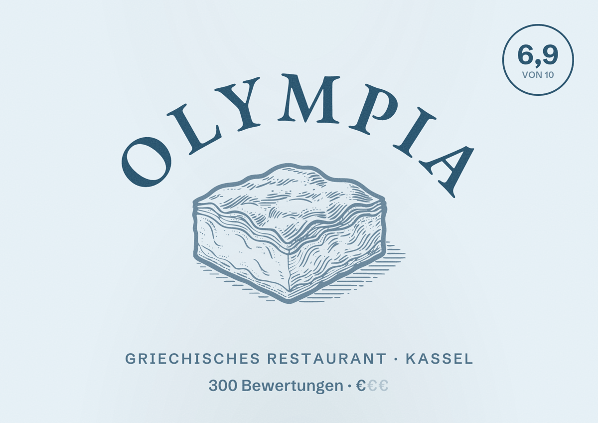 Illustriertes Poster von Olympia, Griechisches Restaurant in Kassel: Bewertung 6,9 von 10 aus 300 Bewertungen, Preisniveau €