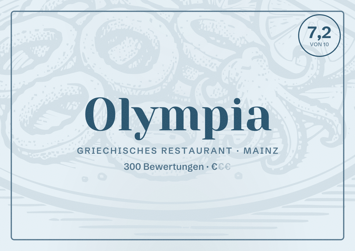 Illustriertes Poster von Olympia, Griechisches Restaurant in Mainz: Bewertung 7,2 von 10 aus 300 Bewertungen, Preisniveau €