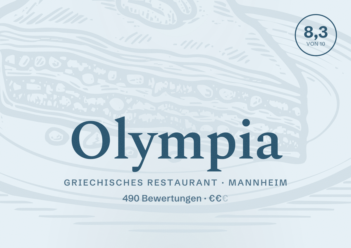Illustriertes Poster von Olympia, Griechisches Restaurant in Mannheim: Bewertung 8,3 von 10 aus 490 Bewertungen, Preisniveau €€
