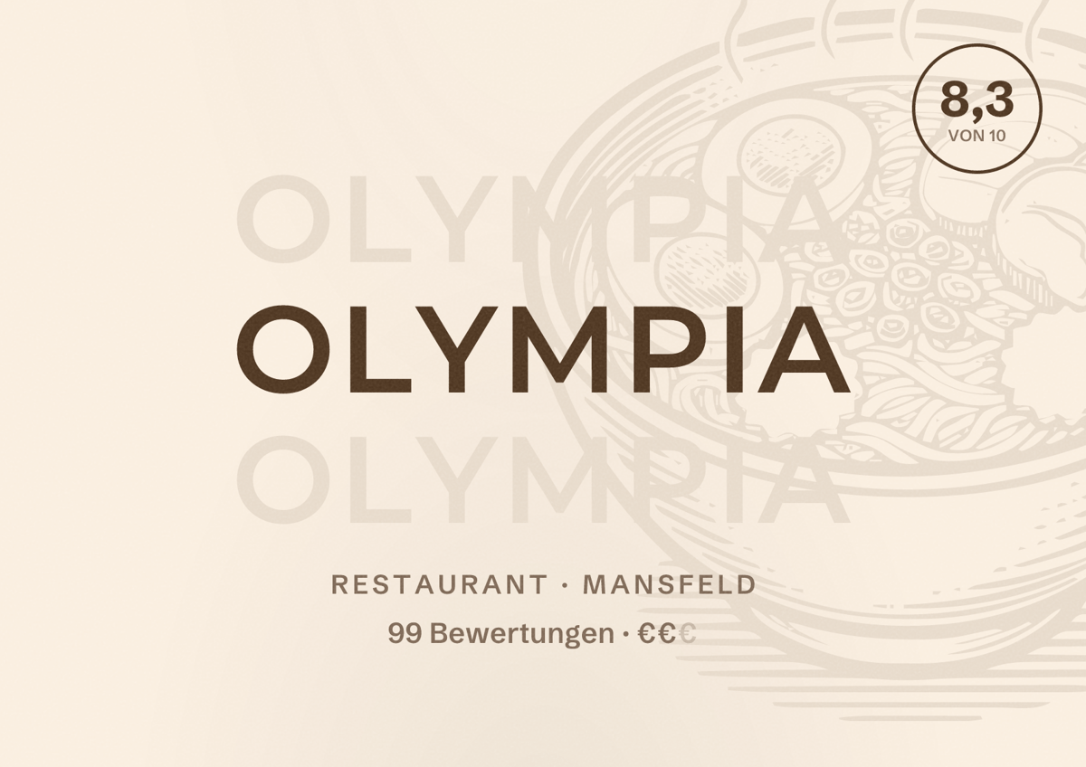 Illustriertes Poster von Olympia, Restaurant in Mansfeld: Bewertung 8,3 von 10 aus 99 Bewertungen, Preisniveau €€