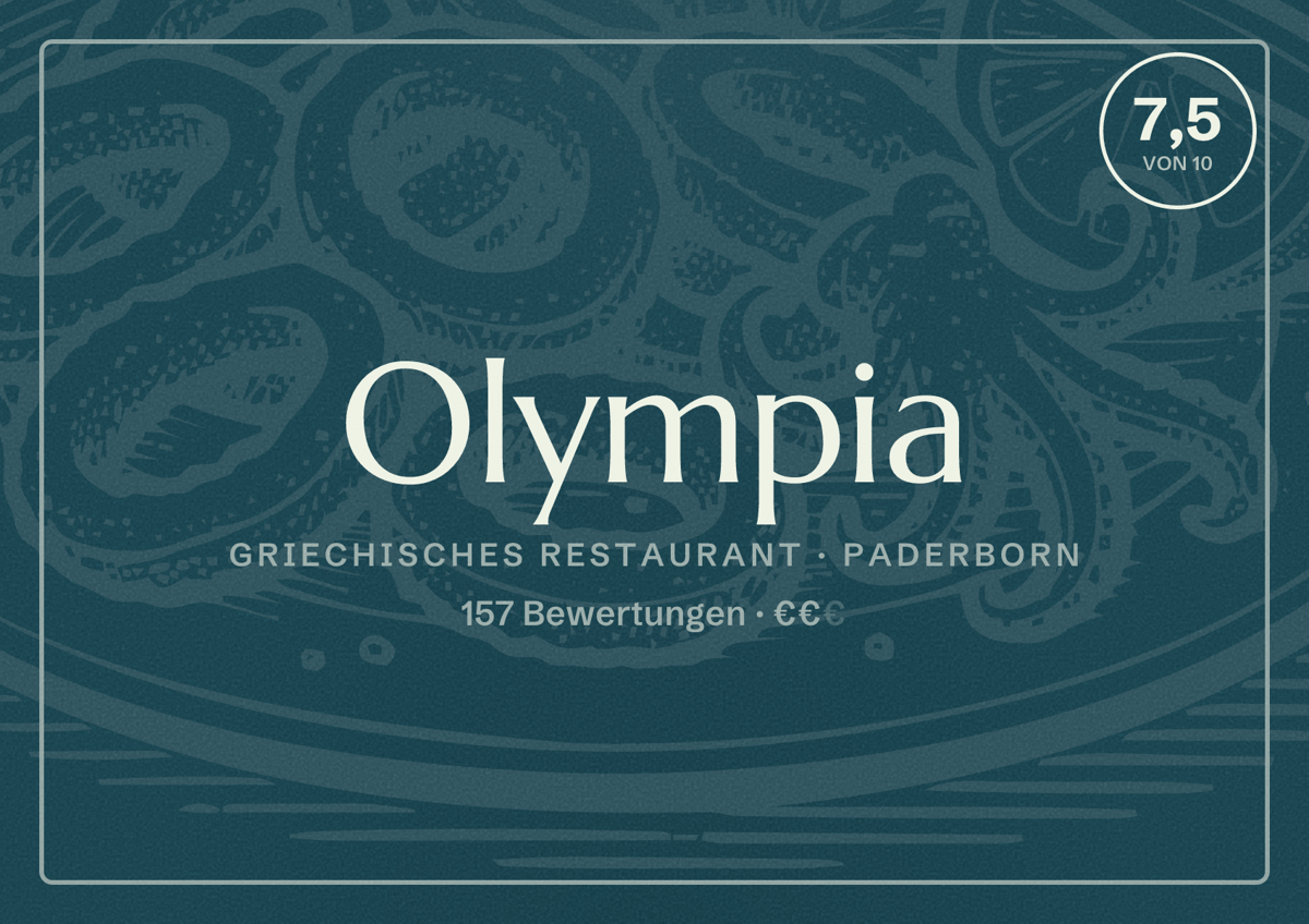 Illustriertes Poster von Olympia, Griechisches Restaurant in Paderborn: Bewertung 7,5 von 10 aus 157 Bewertungen, Preisniveau €€