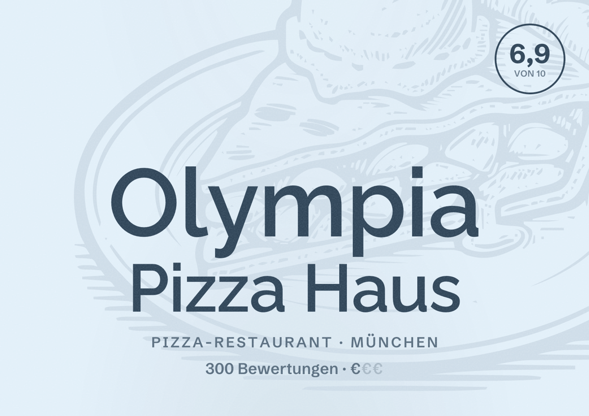 Illustriertes Poster von Olympia Pizza Haus, Pizza-Restaurant in München: Bewertung 6,9 von 10 aus 300 Bewertungen, Preisniveau €