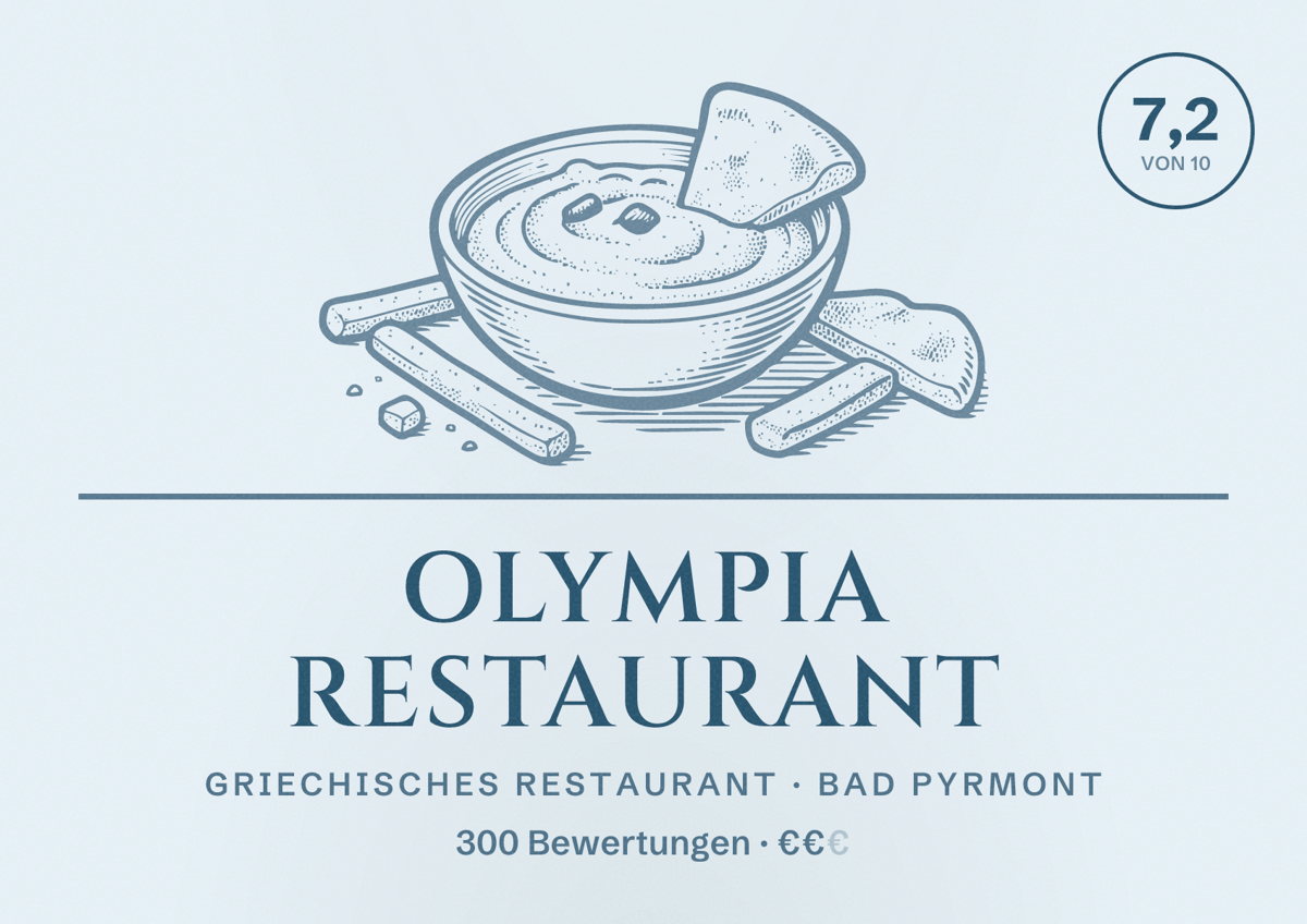 Illustriertes Poster von Olympia Restaurant, Griechisches Restaurant in Bad Pyrmont: Bewertung 7,2 von 10 aus 300 Bewertungen, Preisniveau €€