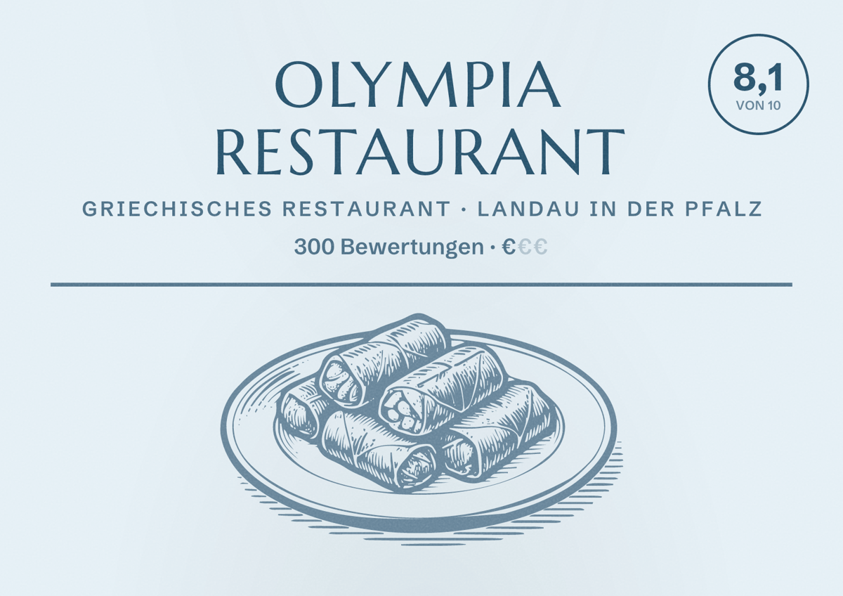 Illustriertes Poster von Olympia Restaurant, Griechisches Restaurant in Landau in der Pfalz: Bewertung 8,1 von 10 aus 300 Bewertungen, Preisniveau €