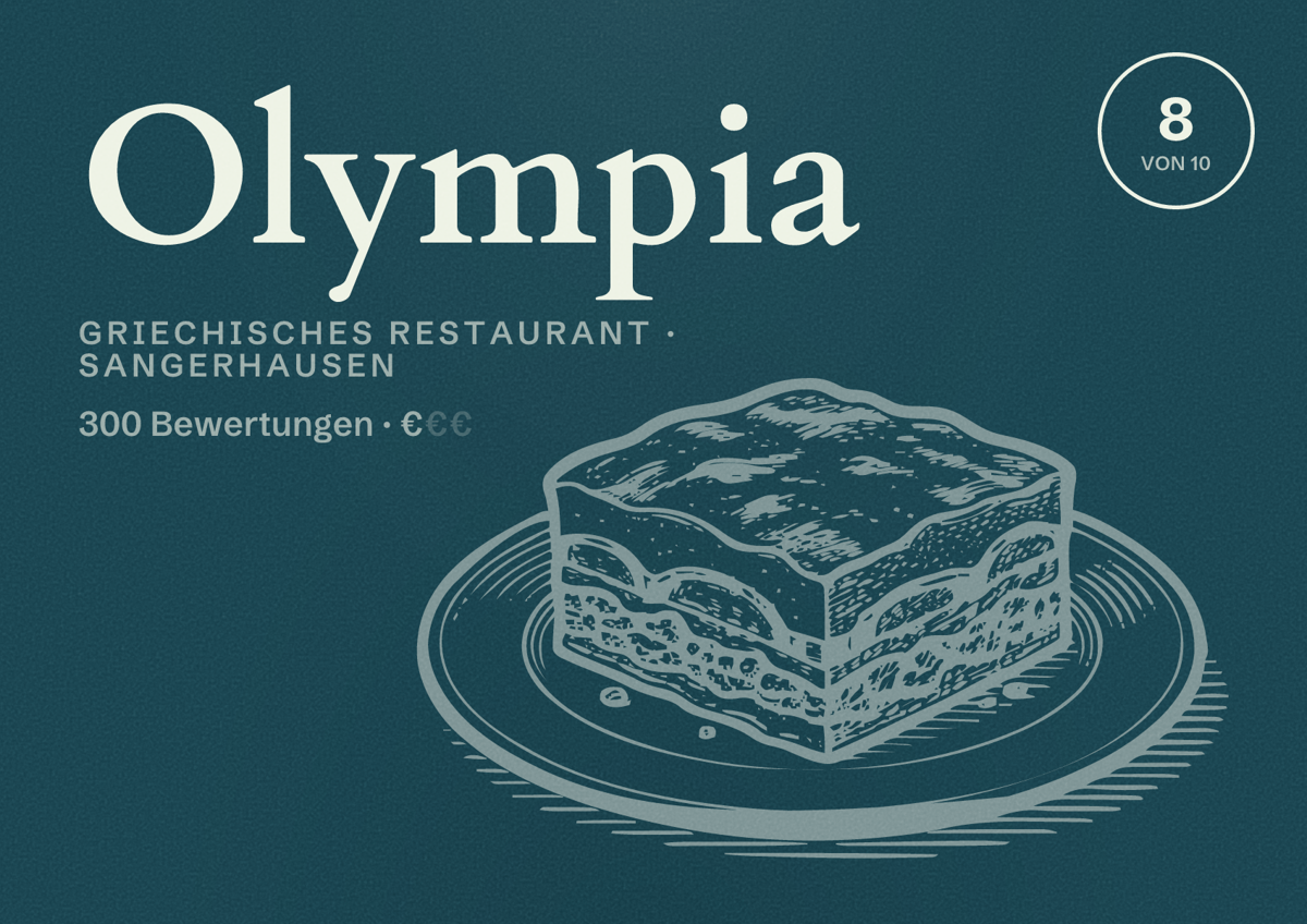 Illustriertes Poster von Olympia, Griechisches Restaurant in Sangerhausen: Bewertung 8 von 10 aus 300 Bewertungen, Preisniveau €