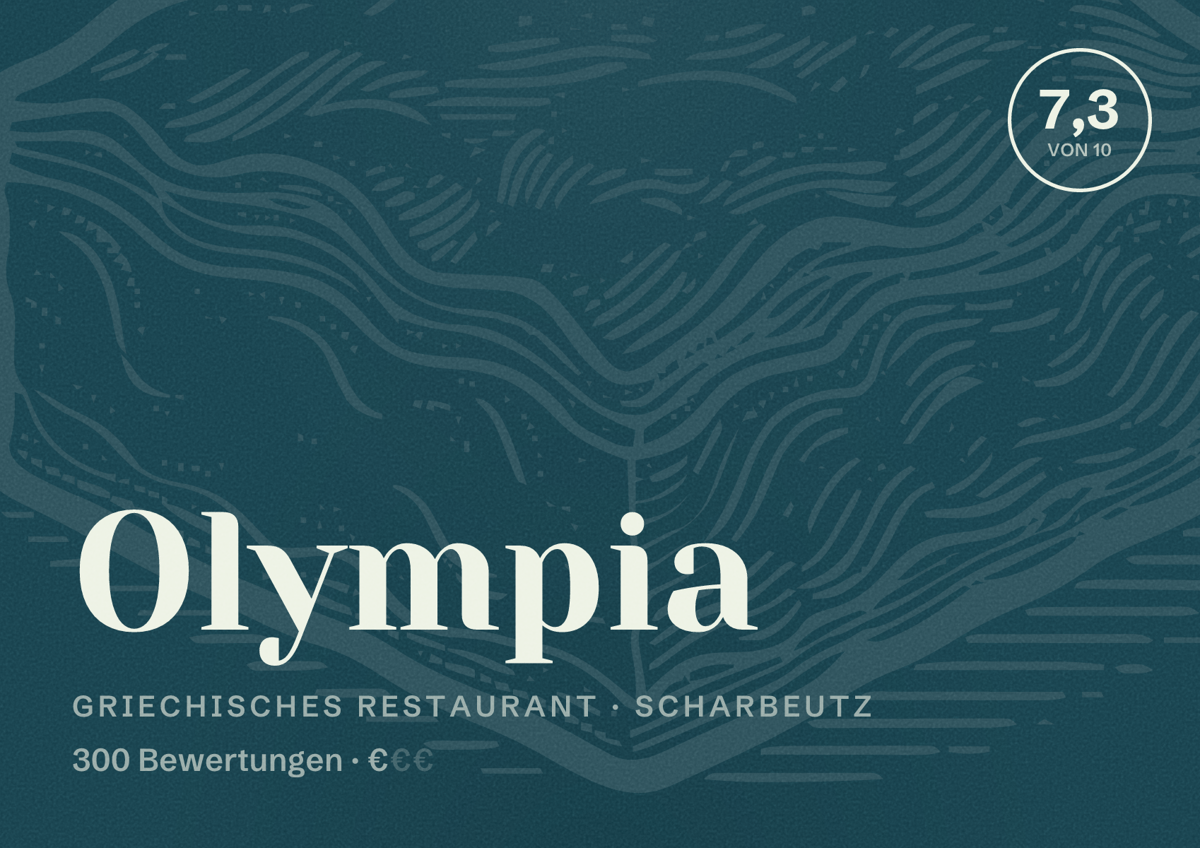 Illustriertes Poster von Olympia, Griechisches Restaurant in Scharbeutz: Bewertung 7,3 von 10 aus 300 Bewertungen, Preisniveau €