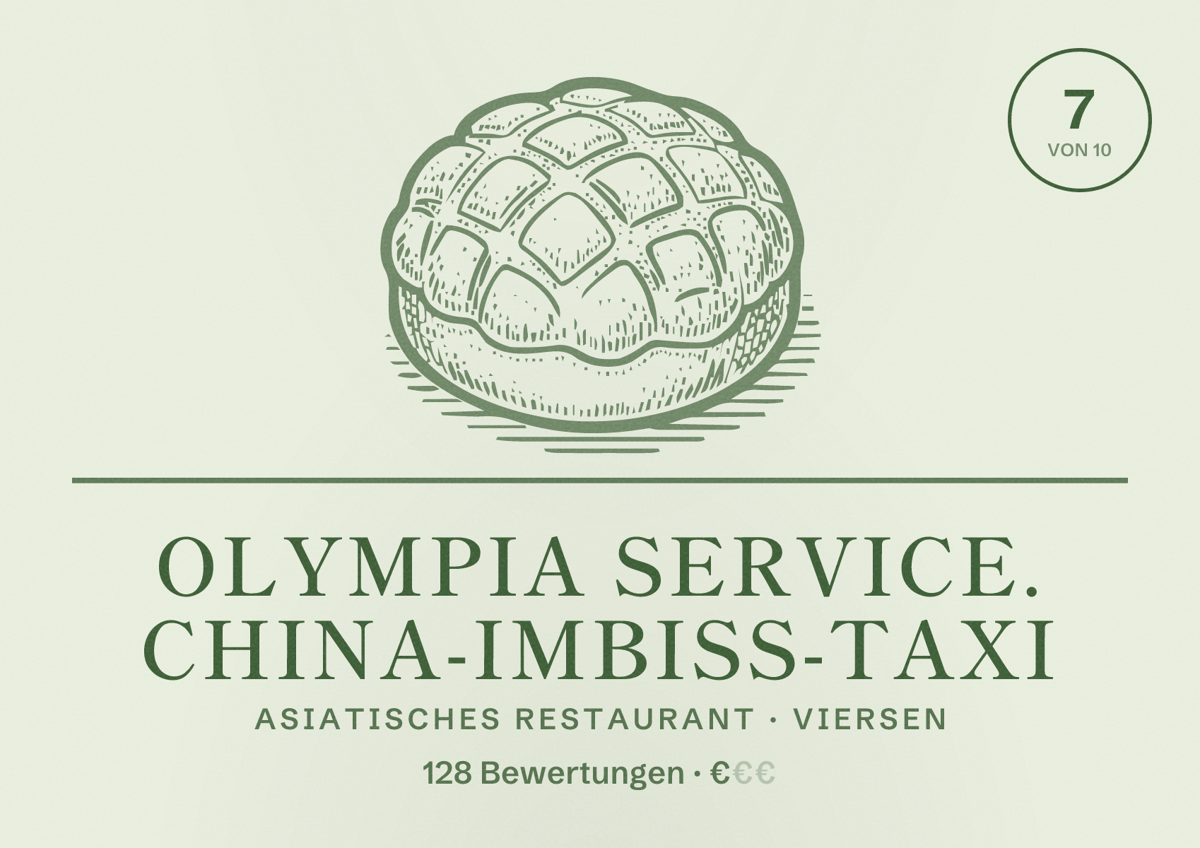Illustriertes Poster von Olympia Service. China-imbiß-taxi, Asiatisches Restaurant in Viersen: Bewertung 7 von 10 aus 128 Bewertungen, Preisniveau €