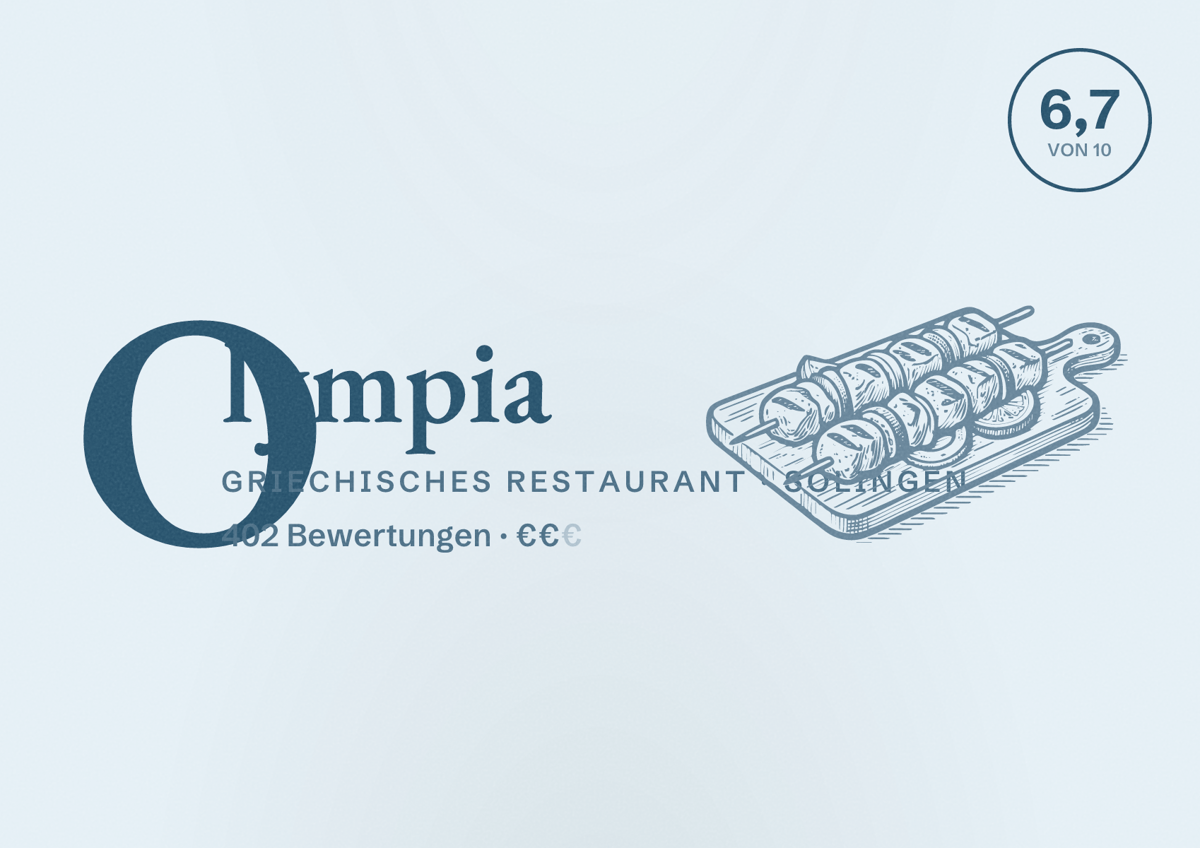 Illustriertes Poster von Olympia, Griechisches Restaurant in Solingen: Bewertung 6,7 von 10 aus 402 Bewertungen, Preisniveau €€