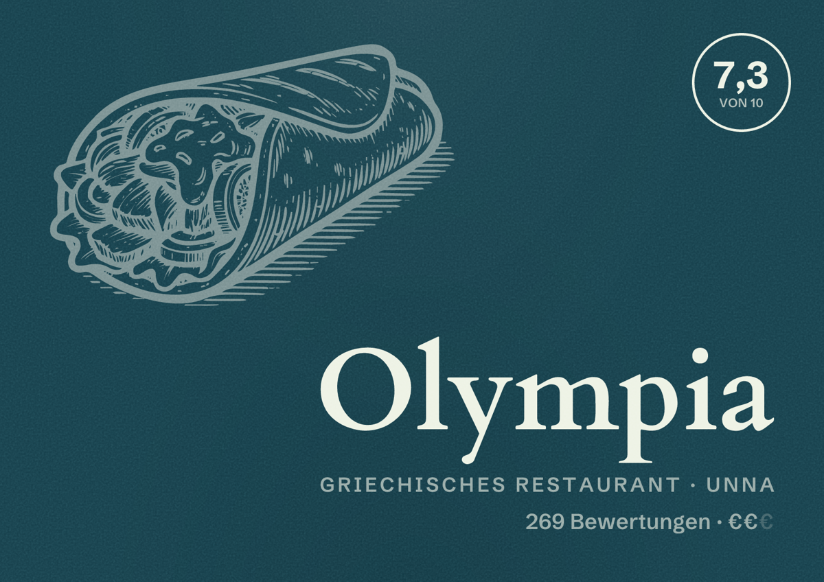 Illustriertes Poster von Olympia, Griechisches Restaurant in Unna: Bewertung 7,3 von 10 aus 269 Bewertungen, Preisniveau €€