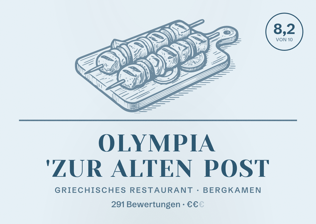 Illustriertes Poster von Olympia 'Zur alten Post, Griechisches Restaurant in Bergkamen: Bewertung 8,2 von 10 aus 291 Bewertungen, Preisniveau €€