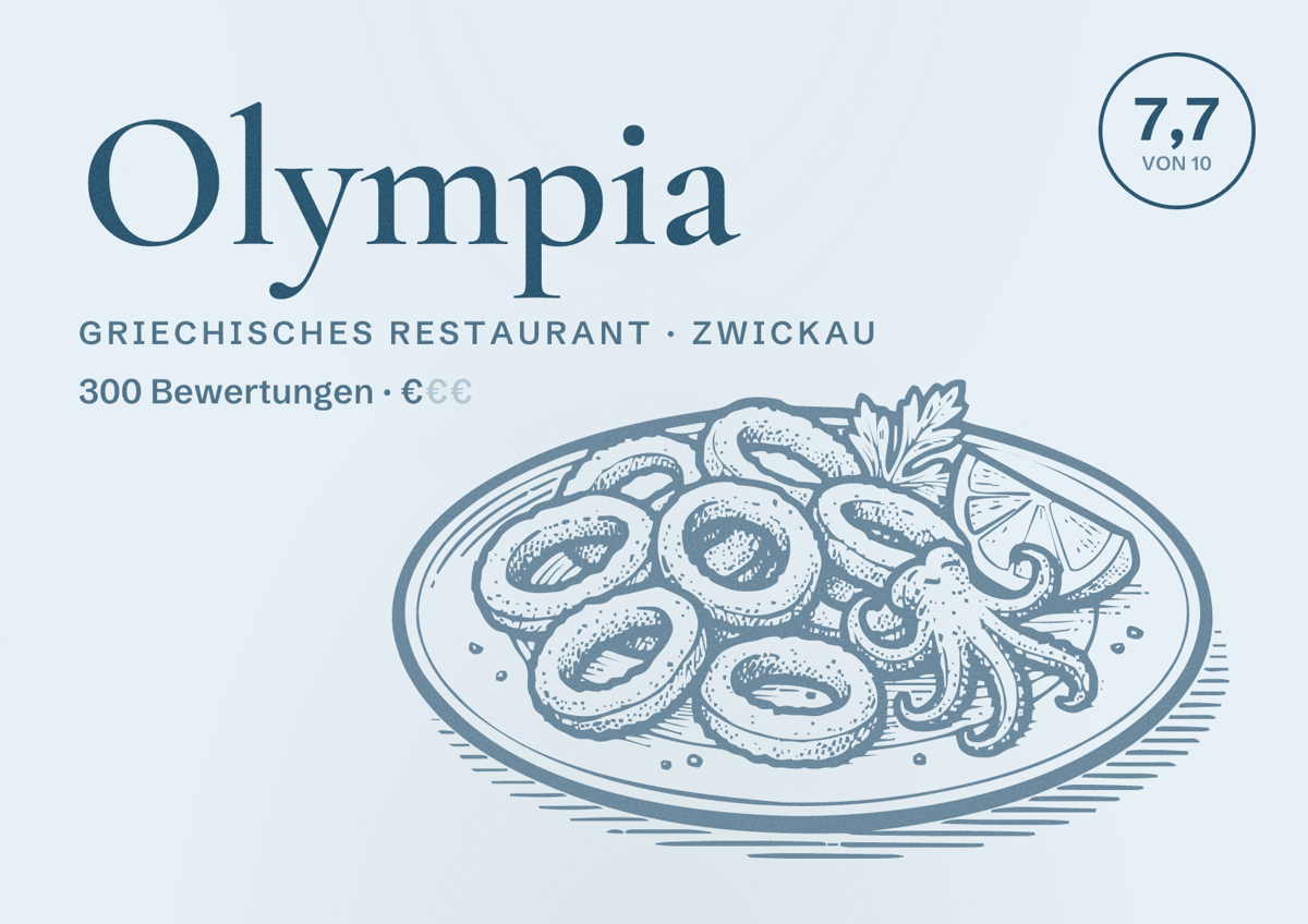 Illustriertes Poster von Olympia, Griechisches Restaurant in Zwickau: Bewertung 7,7 von 10 aus 300 Bewertungen, Preisniveau €