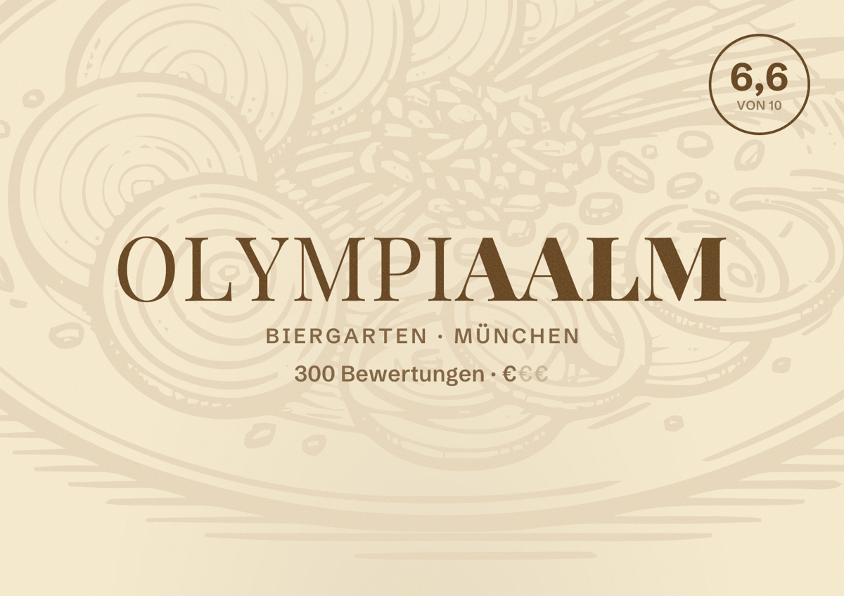 Illustriertes Poster von Olympiaalm, Biergarten in München: Bewertung 6,6 von 10 aus 300 Bewertungen, Preisniveau €