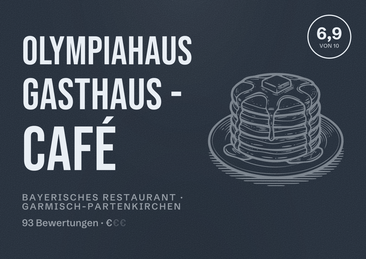 Illustriertes Poster von Olympiahaus Gasthaus - Café, Bayerisches Restaurant in Garmisch-Partenkirchen: Bewertung 6,9 von 10 aus 93 Bewertungen, Preisniveau €